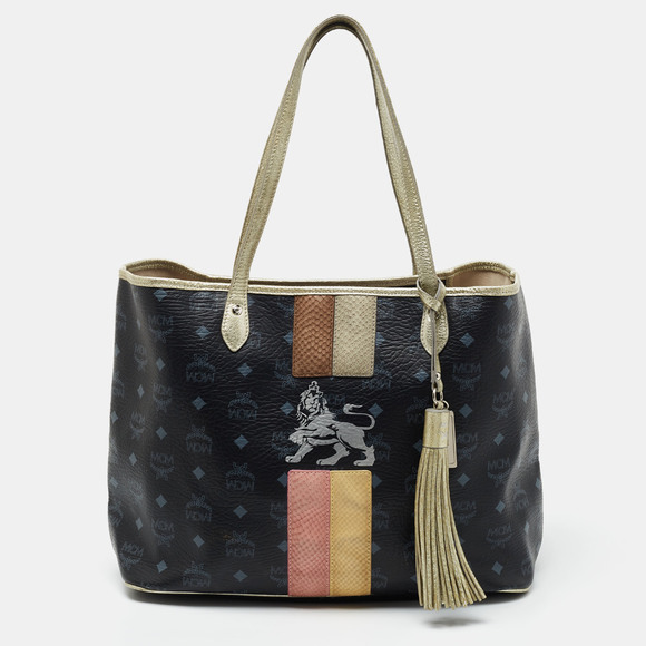 MCM Black Visetos Coated Canvas and Leather Princess Lion Shopper Tote